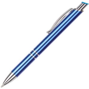 A blue metal pen with silver accents and a clip. It features a streamlined design and has a branding logo.