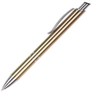 A metal pen with a gold and silver finish, featuring a sleek design and a clip. It includes a logo.