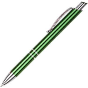 A green metal pen with silver accents and a clip, featuring a sleek design and polished finish.