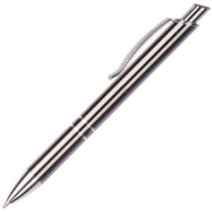 A sleek metal pen in silver and black, featuring a clip and a logo. Ideal for elegant writing.