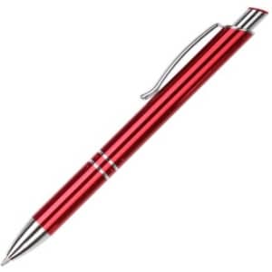 A red metal pen with chrome accents and a sleek design, featuring a clip and decorative rings.
