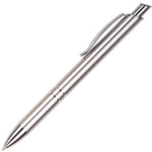 A metal pen in silver with a sleek design and a clip for easy attachment. It features a logo.