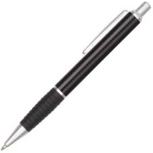 A metal pen in black with silver accents and a textured grip, featuring a clip and a brand logo.