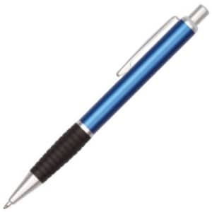 A blue metal pen with a textured black grip and a silver clip. It features a logo on its body.