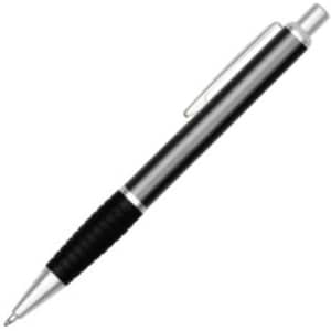 A metal pen with a sleek silver barrel and black rubber grip, featuring a clip and a fine tip.