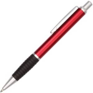 A metal pen with a red barrel, silver accents, and a black textured grip, featuring a clip and a logo.