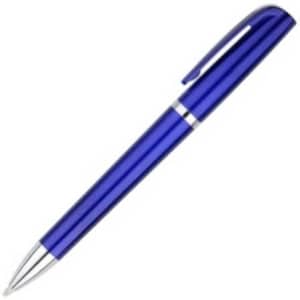A blue plastic pen with a shiny finish and silver accents, featuring a clip at the top and a logo.