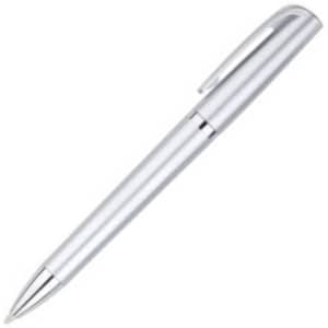 A silver plastic pen with a chrome accent and a clip, featuring a sleek, modern design.