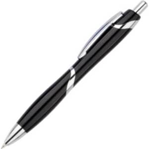 A black plastic pen with a shiny silver accent and a sleek design, featuring a clip and a logo.