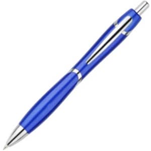 A blue plastic pen with silver accents and a glossy finish, featuring a logo.
