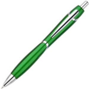A green plastic pen with a sleek design and chrome accents, featuring a logo on its side.
