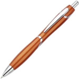 An orange plastic pen with silver accents and a clip, featuring a smooth finish and sleek design.