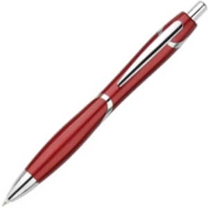 A red plastic pen with silver detailing, featuring a logo on its body.