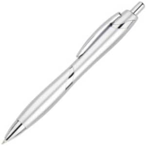 A silver plastic pen with a sleek design and a clip, featuring a logo on its body.