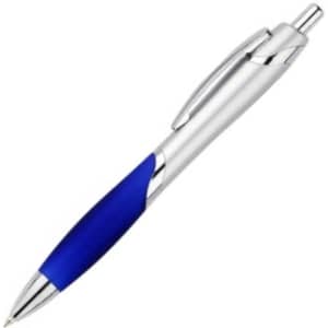 A plastic pen with a silver barrel, blue grip, and chrome accents. It features a logo.