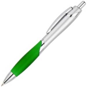 A plastic pen with a green grip and silver accents, featuring a clip and a logo.