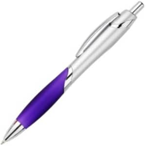 A plastic pen with a silver body and a purple grip, featuring a clip and a shiny tip.