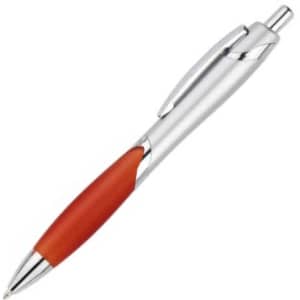 A silver pen with an orange grip and a chrome clip. The pen features a logo on its body.