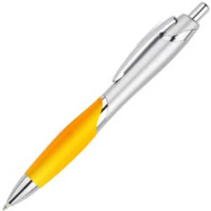 A plastic pen with a silver body and an orange grip, featuring a clip and a shiny silver tip.