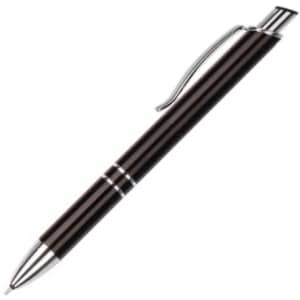 A black and silver pen with a sleek design and a clip for easy attachment. It features a branding logo on the barrel.