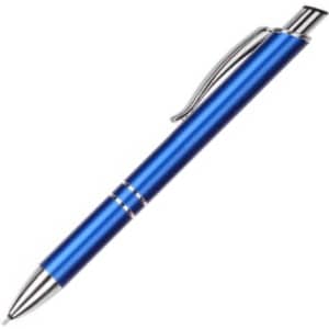 A blue pen with a glossy finish and chrome details, featuring a clip and a sleek design.