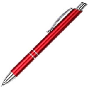 A red pen with a shiny silver clip and accents, featuring a sleek, metallic design.