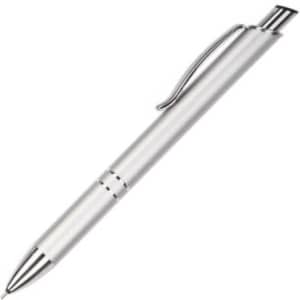 A metallic silver pen with a sleek design and a clip, featuring a branding logo.