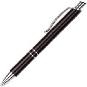 A black metal pen with chrome accents and a sleek design. It features a clip and a logo.