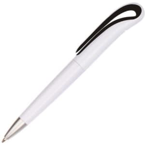 A plastic pen with a white body and a black grip, featuring a silver metal tip. It has a logo on the side.