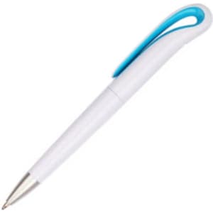 A plastic pen with a white body and a blue accent on the clip, featuring a metallic tip. It has a logo.