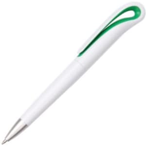 A plastic pen featuring a white body and green accents, with a sleek design and a metal tip.