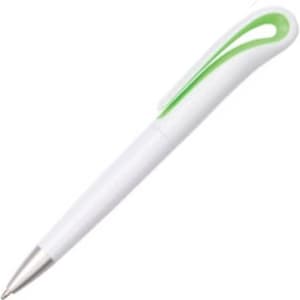 A white plastic pen with a green grip and a silver tip. The pen features a branding logo.