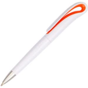 A plastic pen in white with an orange grip and a silver tip, featuring a logo on the barrel.