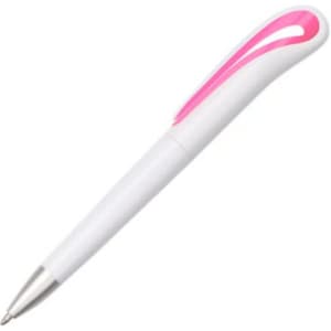 A plastic pen in white with a pink accent and a silver tip, featuring a logo on the body.