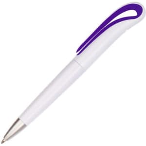 A plastic pen featuring a white body and a purple grip, with a silver tip and a branding logo.