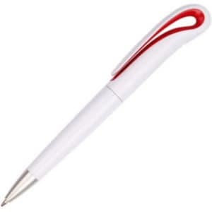 A plastic pen in white with a red accent and a silver tip. The pen features a logo on its surface.