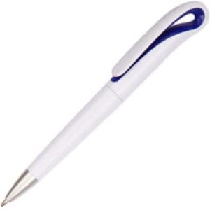 A plastic pen in white with a blue accent and a silver nib, featuring a logo on the body.
