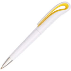 A white plastic pen with a yellow accent and a silver tip, featuring a logo on the body.