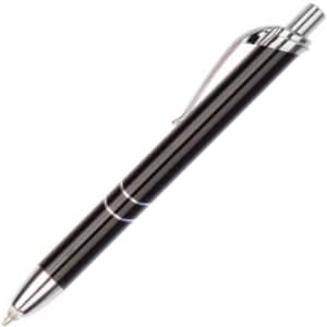 A metal pen in sleek black with silver accents and a clip, featuring a branding logo.