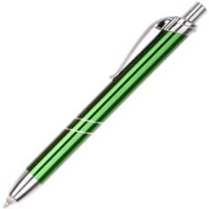 A green metal pen with silver accents and a clip, featuring a sleek, polished design.