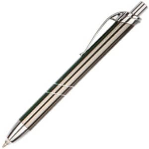 A metal pen with a sleek green and silver design, featuring a clip and decorative bands. It has a logo on the body.