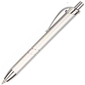 A silver metal pen with a sleek design and a clip. It features smooth lines and a polished finish.