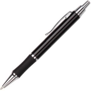 A black metal pen with a shiny silver clip and grip, featuring a logo on the barrel.
