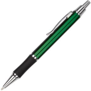 A green metal pen with chrome accents and a black grip. It includes a clip for secure attachment.