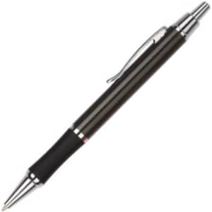 A metal pen with a sleek black and silver design, featuring a clip and textured grip. It includes branding.