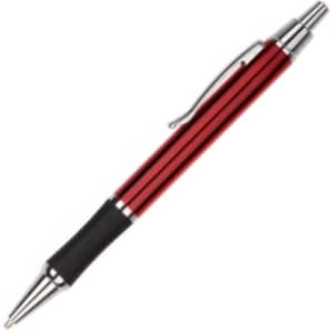 A metal pen in red with silver accents and a black grip, featuring a clip and sleek design.