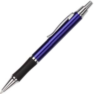 A blue metal pen with a shiny finish, featuring a black grip and a silver clip. It has a branding logo.