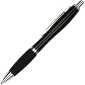 A black metal pen with a glossy finish and silver accents, featuring a rubber grip and a clip for easy carrying.