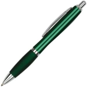 A green metal pen featuring a sleek design and chrome accents, with a logo on the body.
