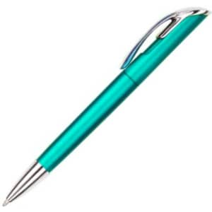 A turquoise pen with a chrome clip and tip, featuring a sleek, modern design and a branded logo.